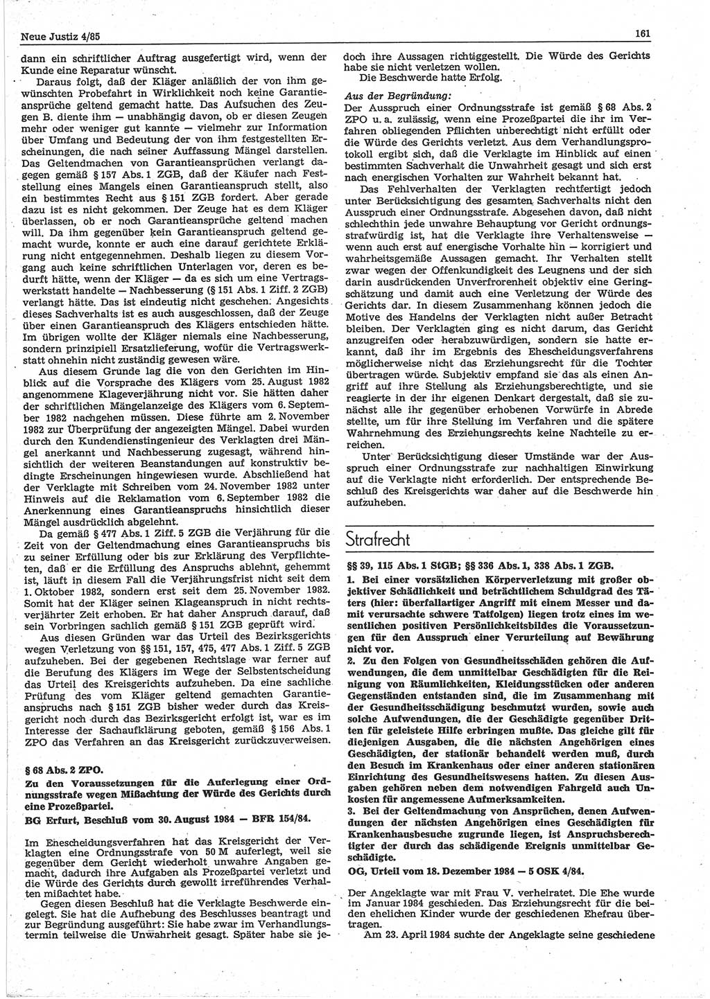 Neue Justiz (NJ), Zeitschrift für sozialistisches Recht und Gesetzlichkeit [Deutsche Demokratische Republik (DDR)], 39. Jahrgang 1985, Seite 161 (NJ DDR 1985, S. 161)