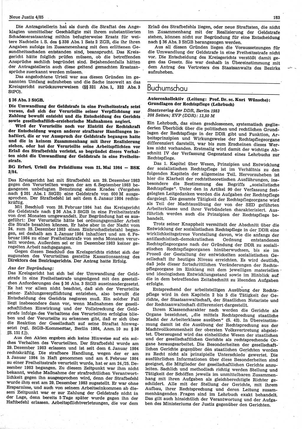 Neue Justiz (NJ), Zeitschrift für sozialistisches Recht und Gesetzlichkeit [Deutsche Demokratische Republik (DDR)], 39. Jahrgang 1985, Seite 163 (NJ DDR 1985, S. 163)