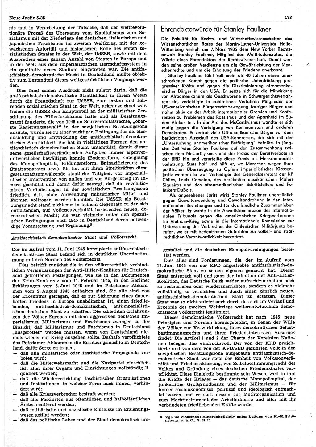 Neue Justiz (NJ), Zeitschrift für sozialistisches Recht und Gesetzlichkeit [Deutsche Demokratische Republik (DDR)], 39. Jahrgang 1985, Seite 173 (NJ DDR 1985, S. 173)