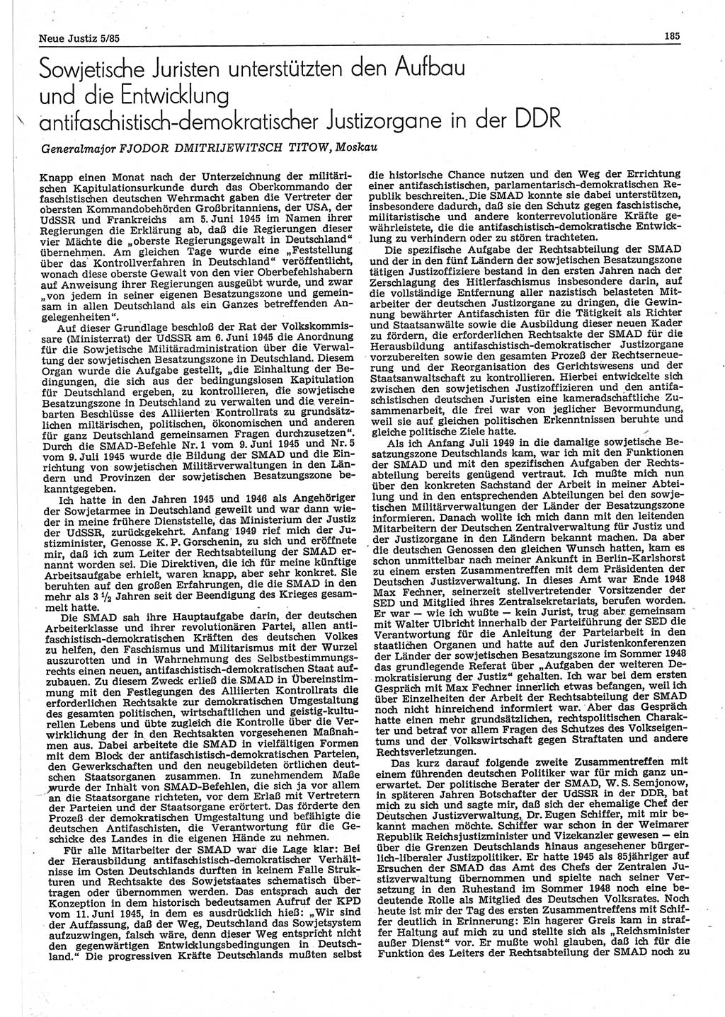 Neue Justiz (NJ), Zeitschrift für sozialistisches Recht und Gesetzlichkeit [Deutsche Demokratische Republik (DDR)], 39. Jahrgang 1985, Seite 185 (NJ DDR 1985, S. 185)