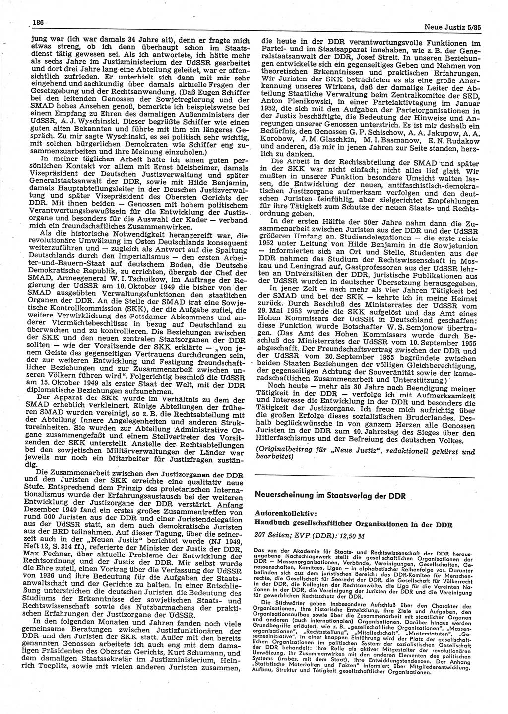 Neue Justiz (NJ), Zeitschrift für sozialistisches Recht und Gesetzlichkeit [Deutsche Demokratische Republik (DDR)], 39. Jahrgang 1985, Seite 186 (NJ DDR 1985, S. 186)