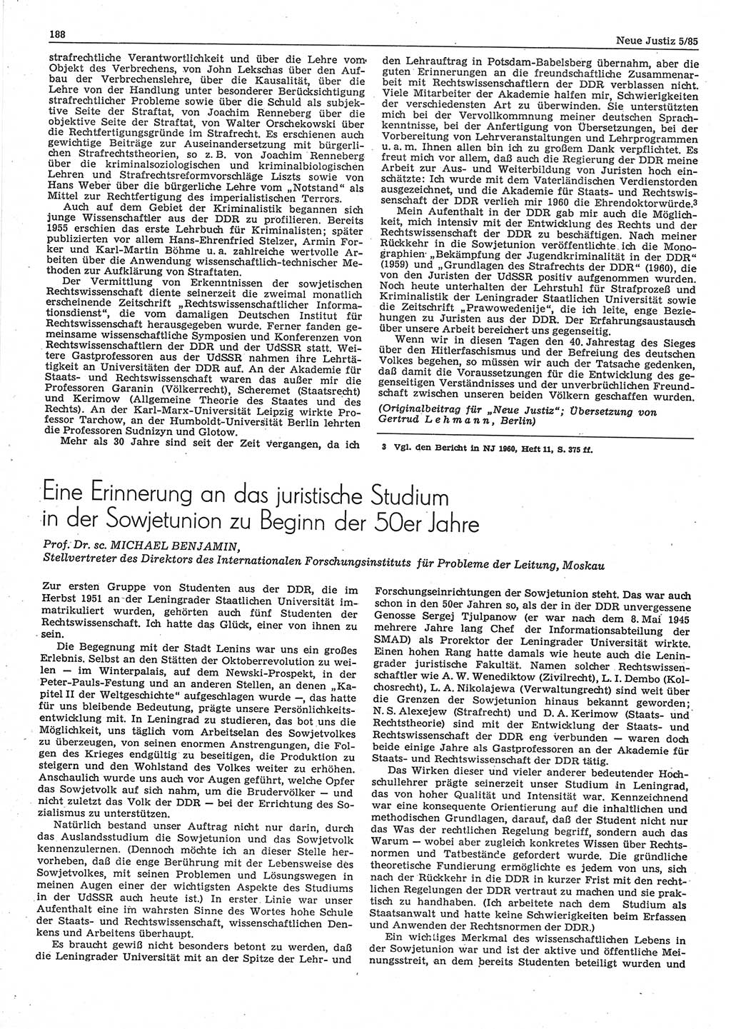 Neue Justiz (NJ), Zeitschrift für sozialistisches Recht und Gesetzlichkeit [Deutsche Demokratische Republik (DDR)], 39. Jahrgang 1985, Seite 188 (NJ DDR 1985, S. 188)