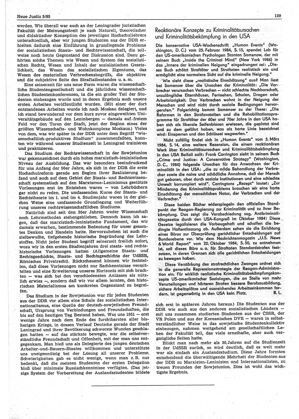 Neue Justiz (NJ), Zeitschrift für sozialistisches Recht und Gesetzlichkeit [Deutsche Demokratische Republik (DDR)], 39. Jahrgang 1985, Seite 189 (NJ DDR 1985, S. 189)