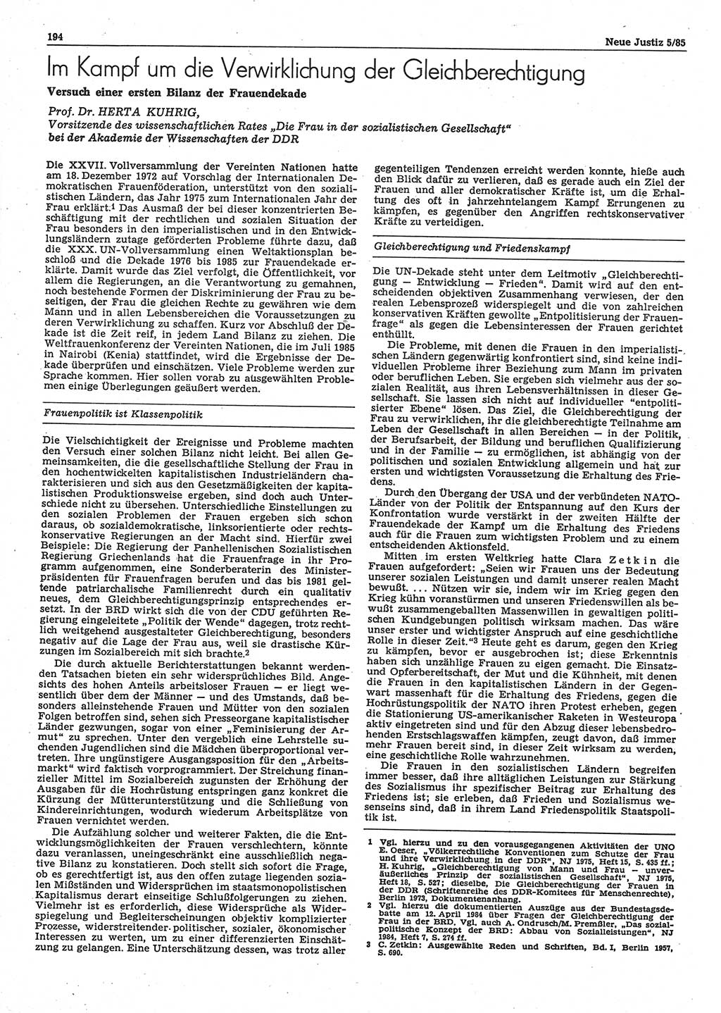 Neue Justiz (NJ), Zeitschrift für sozialistisches Recht und Gesetzlichkeit [Deutsche Demokratische Republik (DDR)], 39. Jahrgang 1985, Seite 194 (NJ DDR 1985, S. 194)