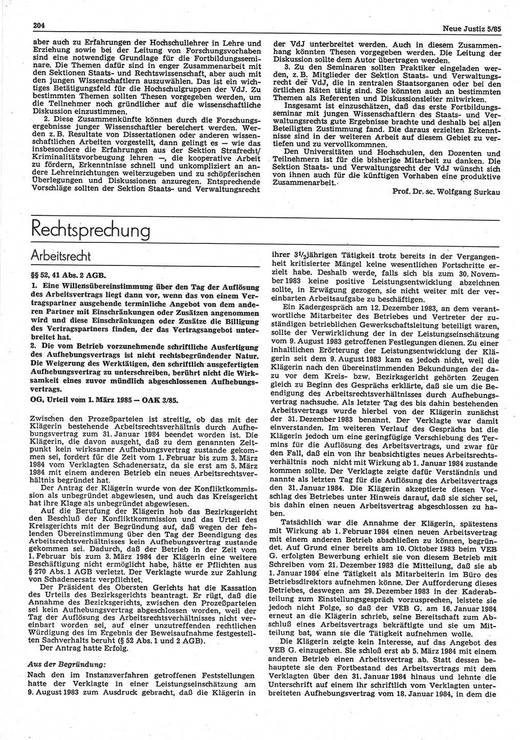 Neue Justiz (NJ), Zeitschrift für sozialistisches Recht und Gesetzlichkeit [Deutsche Demokratische Republik (DDR)], 39. Jahrgang 1985, Seite 204 (NJ DDR 1985, S. 204)