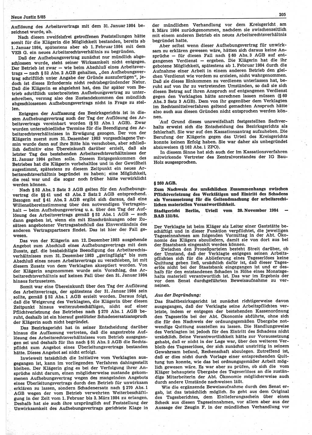 Neue Justiz (NJ), Zeitschrift für sozialistisches Recht und Gesetzlichkeit [Deutsche Demokratische Republik (DDR)], 39. Jahrgang 1985, Seite 205 (NJ DDR 1985, S. 205)