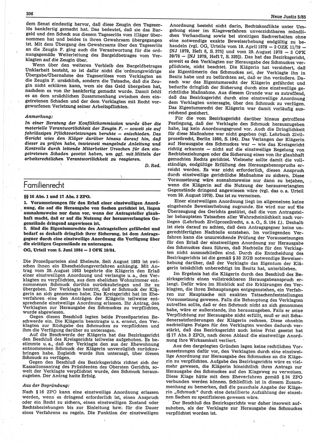 Neue Justiz (NJ), Zeitschrift für sozialistisches Recht und Gesetzlichkeit [Deutsche Demokratische Republik (DDR)], 39. Jahrgang 1985, Seite 206 (NJ DDR 1985, S. 206)