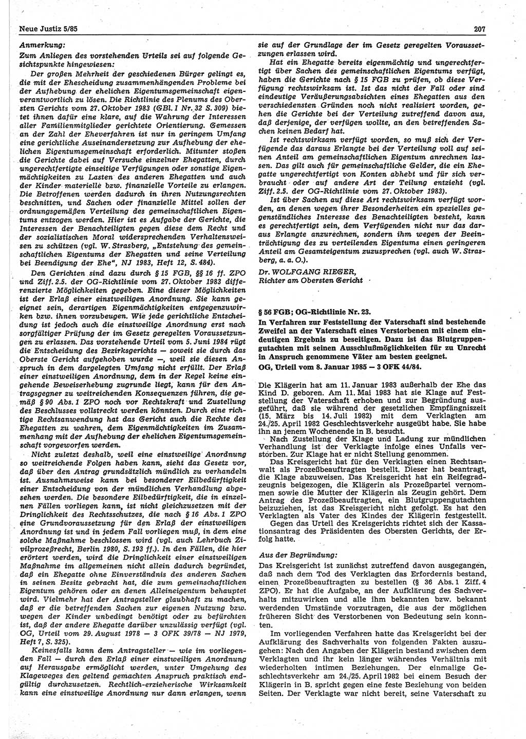 Neue Justiz (NJ), Zeitschrift für sozialistisches Recht und Gesetzlichkeit [Deutsche Demokratische Republik (DDR)], 39. Jahrgang 1985, Seite 207 (NJ DDR 1985, S. 207)