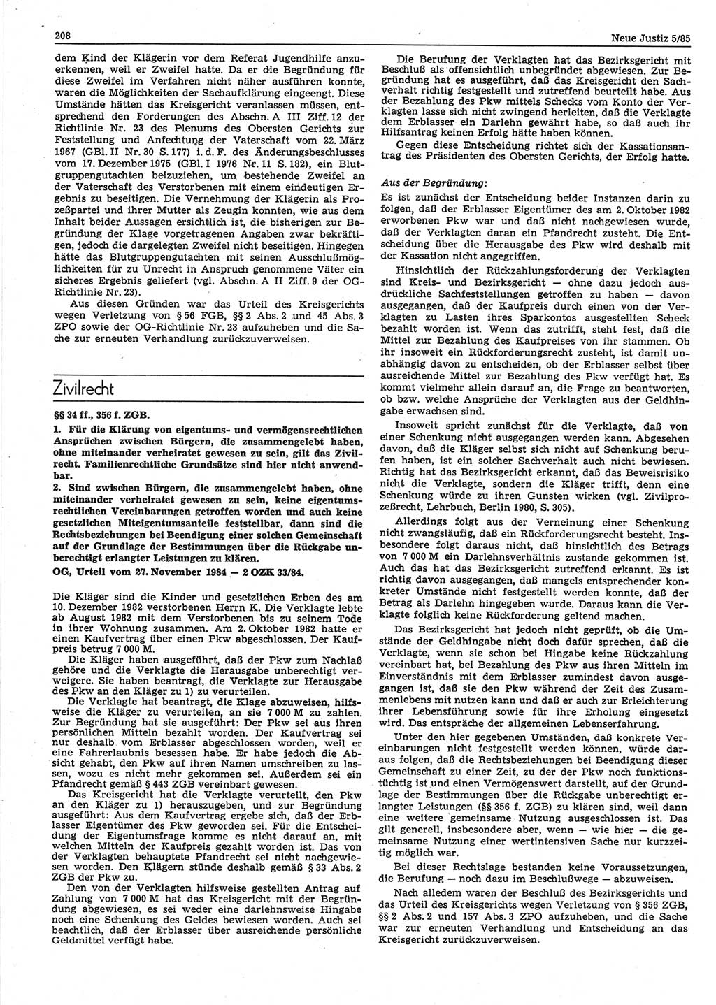 Neue Justiz (NJ), Zeitschrift für sozialistisches Recht und Gesetzlichkeit [Deutsche Demokratische Republik (DDR)], 39. Jahrgang 1985, Seite 208 (NJ DDR 1985, S. 208)