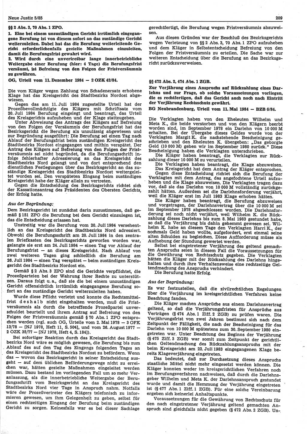 Neue Justiz (NJ), Zeitschrift für sozialistisches Recht und Gesetzlichkeit [Deutsche Demokratische Republik (DDR)], 39. Jahrgang 1985, Seite 209 (NJ DDR 1985, S. 209)