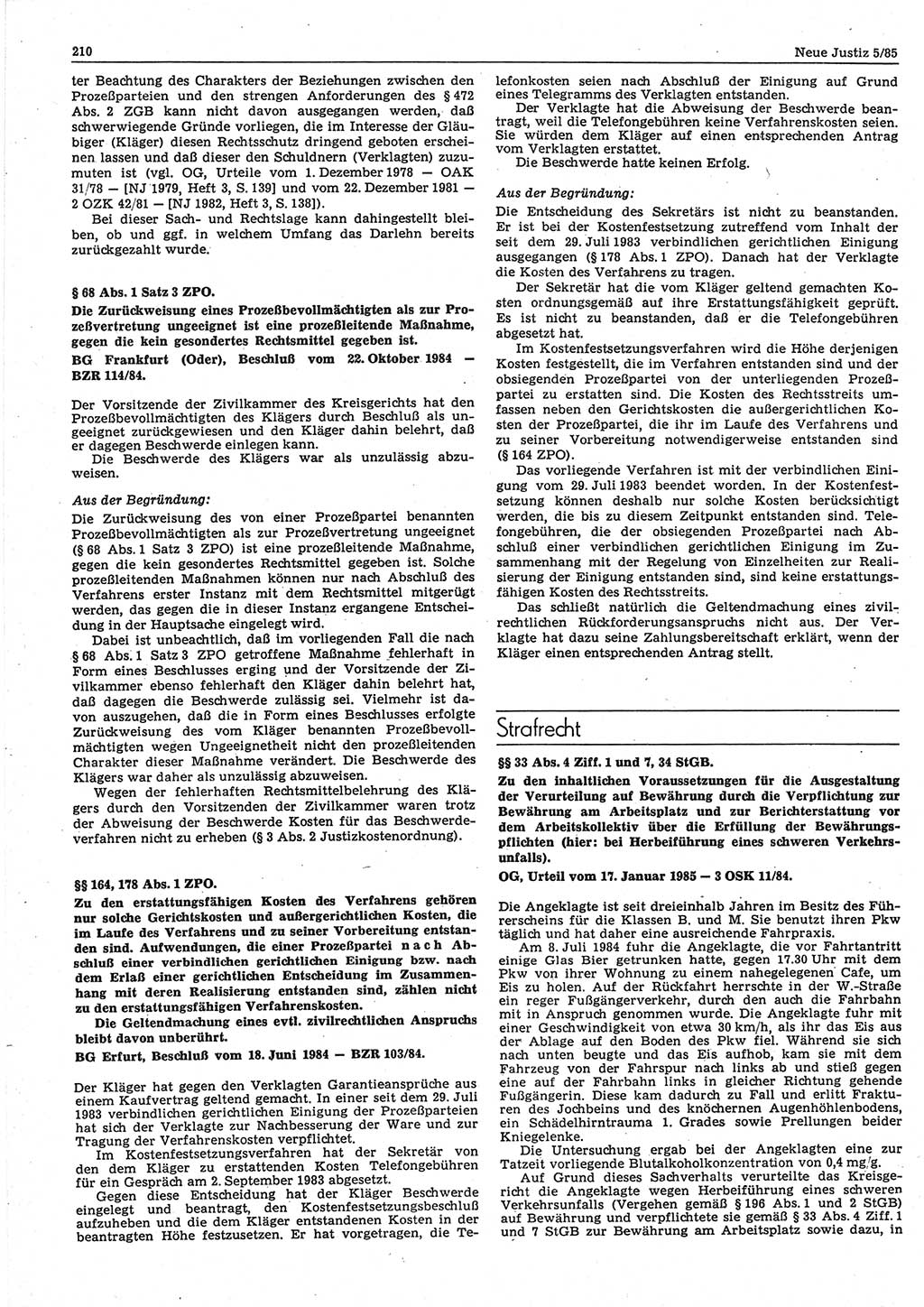 Neue Justiz (NJ), Zeitschrift für sozialistisches Recht und Gesetzlichkeit [Deutsche Demokratische Republik (DDR)], 39. Jahrgang 1985, Seite 210 (NJ DDR 1985, S. 210)