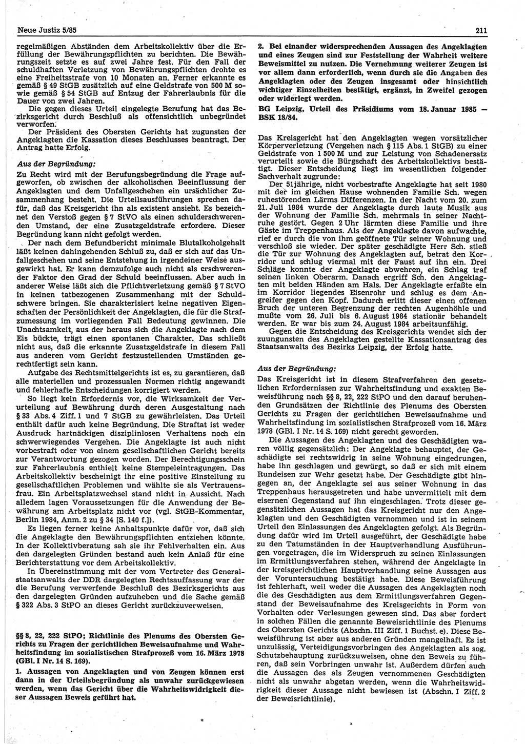 Neue Justiz (NJ), Zeitschrift für sozialistisches Recht und Gesetzlichkeit [Deutsche Demokratische Republik (DDR)], 39. Jahrgang 1985, Seite 211 (NJ DDR 1985, S. 211)
