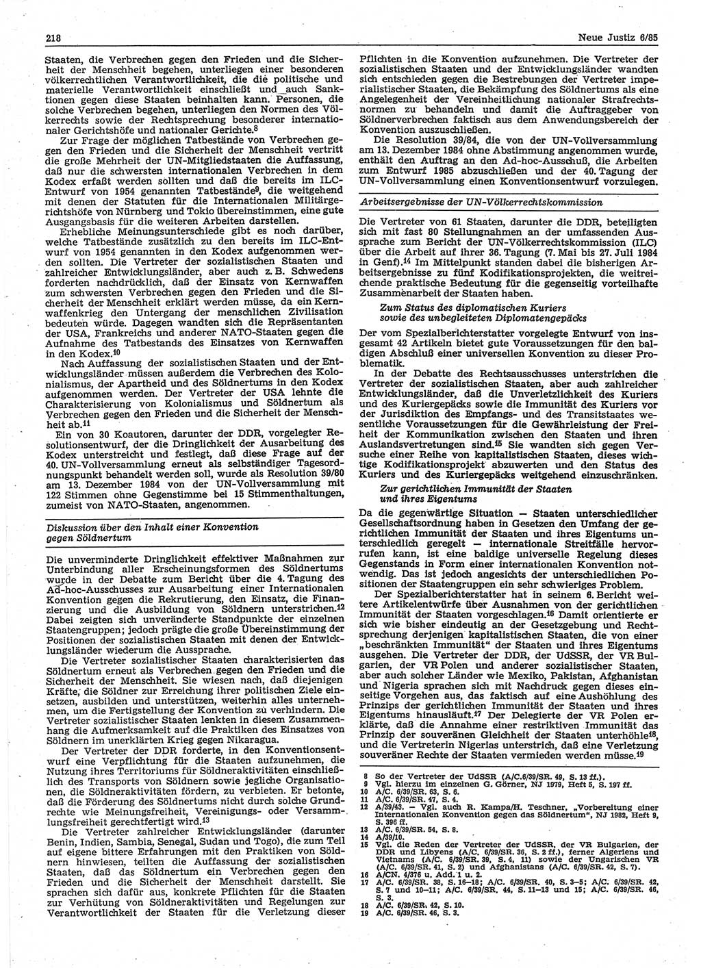 Neue Justiz (NJ), Zeitschrift für sozialistisches Recht und Gesetzlichkeit [Deutsche Demokratische Republik (DDR)], 39. Jahrgang 1985, Seite 218 (NJ DDR 1985, S. 218)