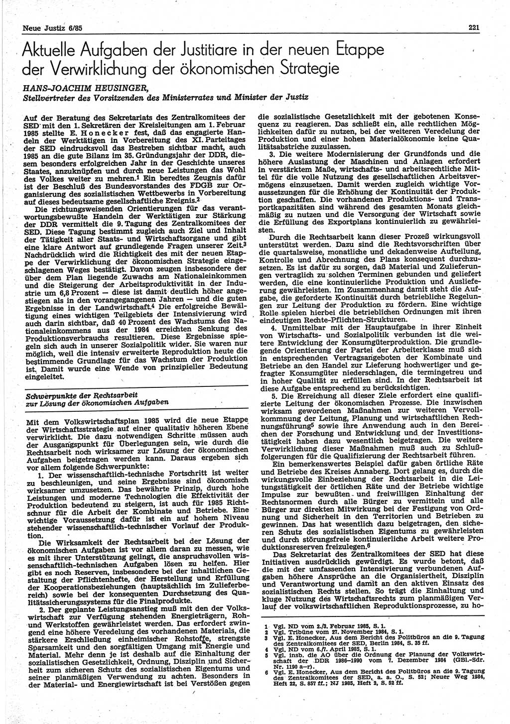 Neue Justiz (NJ), Zeitschrift für sozialistisches Recht und Gesetzlichkeit [Deutsche Demokratische Republik (DDR)], 39. Jahrgang 1985, Seite 221 (NJ DDR 1985, S. 221)