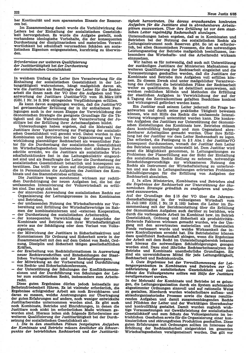 Neue Justiz (NJ), Zeitschrift für sozialistisches Recht und Gesetzlichkeit [Deutsche Demokratische Republik (DDR)], 39. Jahrgang 1985, Seite 222 (NJ DDR 1985, S. 222)