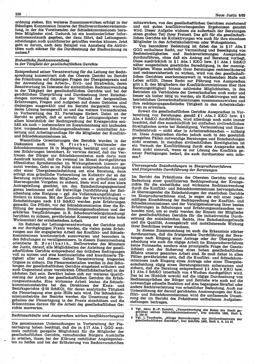 Neue Justiz (NJ), Zeitschrift für sozialistisches Recht und Gesetzlichkeit [Deutsche Demokratische Republik (DDR)], 39. Jahrgang 1985, Seite 226 (NJ DDR 1985, S. 226)