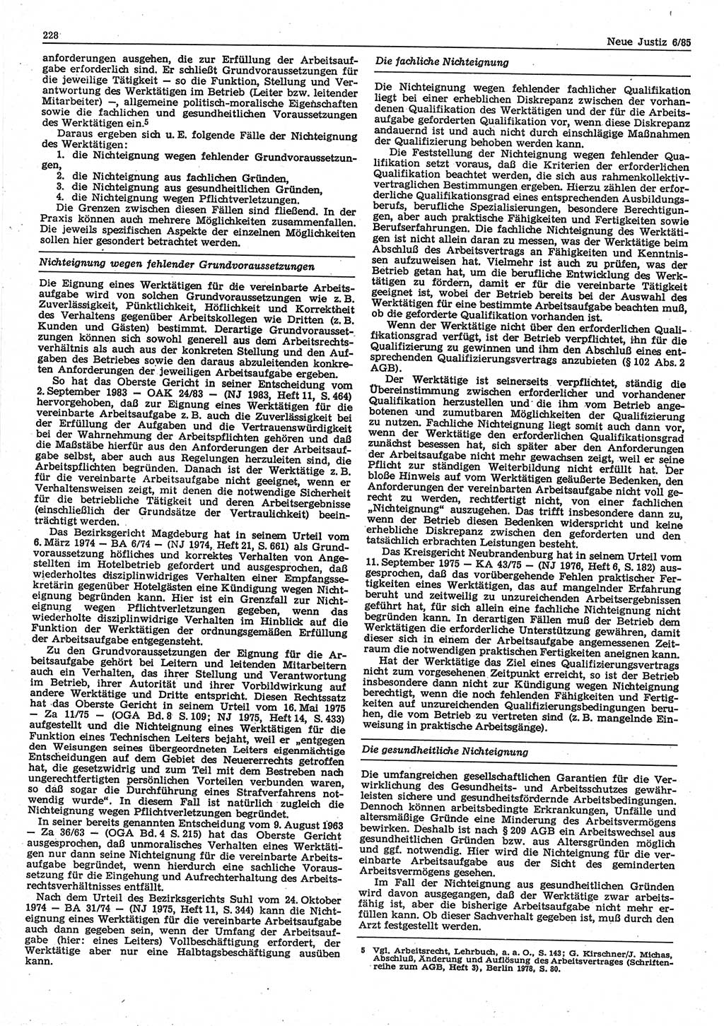 Neue Justiz (NJ), Zeitschrift für sozialistisches Recht und Gesetzlichkeit [Deutsche Demokratische Republik (DDR)], 39. Jahrgang 1985, Seite 228 (NJ DDR 1985, S. 228)