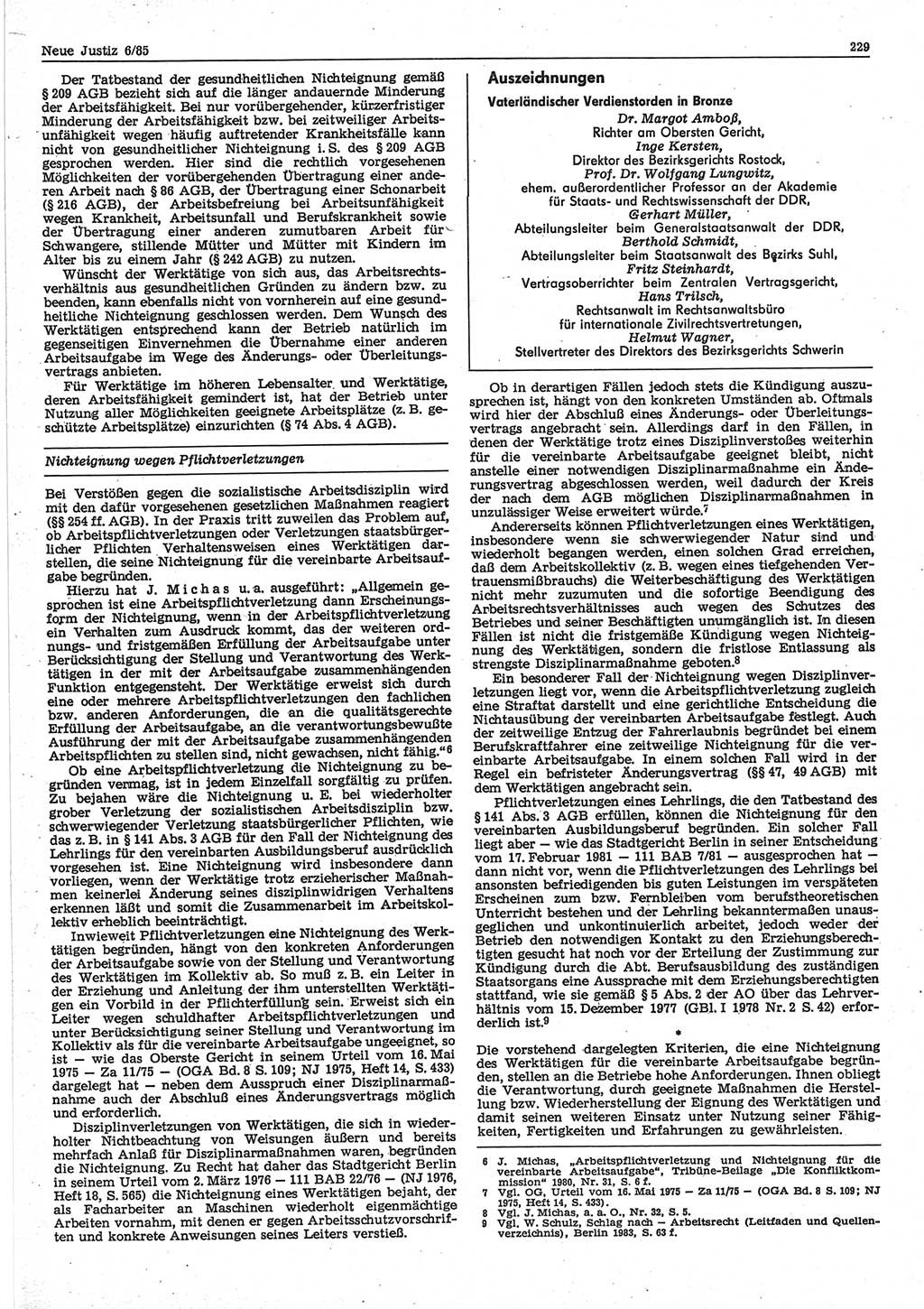 Neue Justiz (NJ), Zeitschrift für sozialistisches Recht und Gesetzlichkeit [Deutsche Demokratische Republik (DDR)], 39. Jahrgang 1985, Seite 229 (NJ DDR 1985, S. 229)