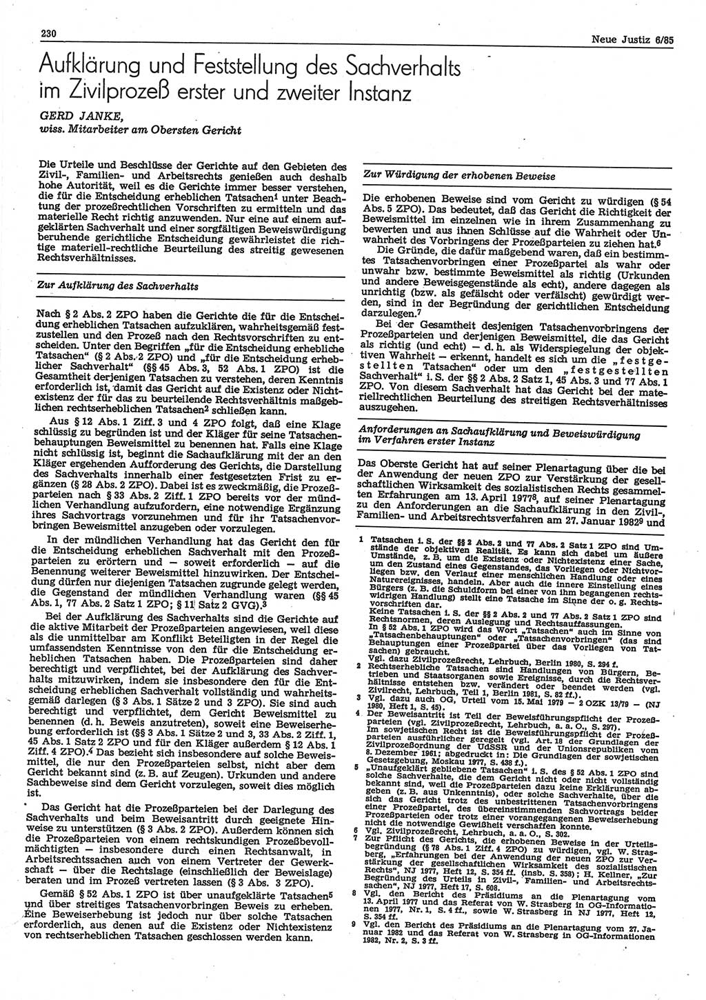 Neue Justiz (NJ), Zeitschrift für sozialistisches Recht und Gesetzlichkeit [Deutsche Demokratische Republik (DDR)], 39. Jahrgang 1985, Seite 230 (NJ DDR 1985, S. 230)