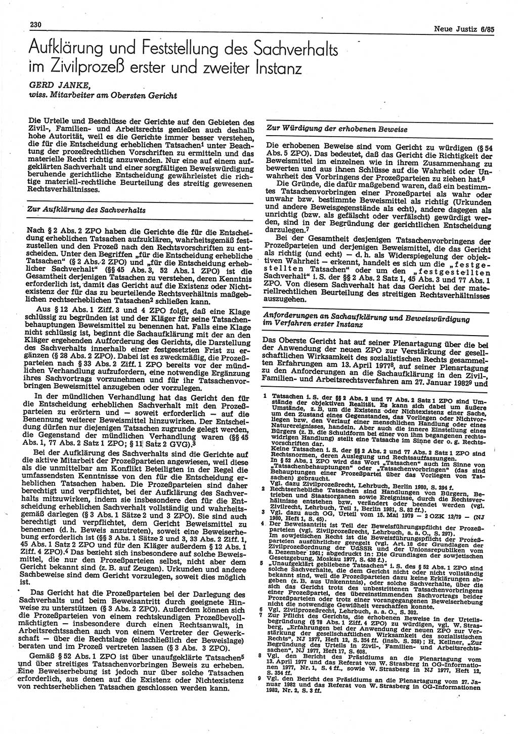 Neue Justiz (NJ), Zeitschrift für sozialistisches Recht und Gesetzlichkeit [Deutsche Demokratische Republik (DDR)], 39. Jahrgang 1985, Seite 230 (NJ DDR 1985, S. 230)
