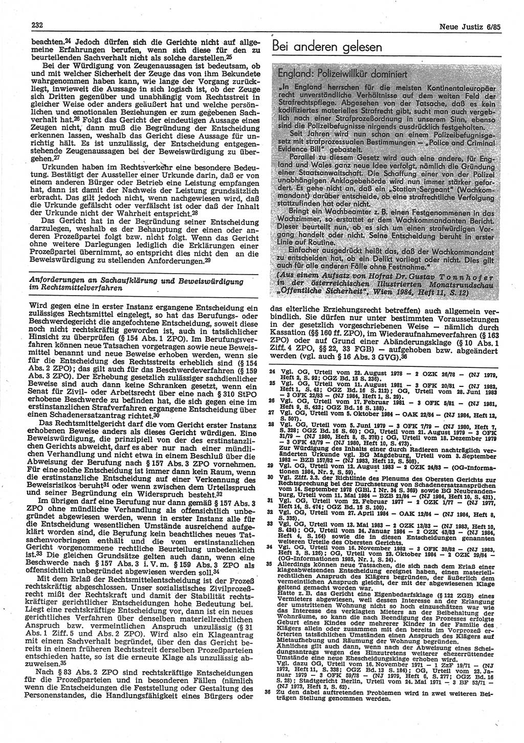 Neue Justiz (NJ), Zeitschrift für sozialistisches Recht und Gesetzlichkeit [Deutsche Demokratische Republik (DDR)], 39. Jahrgang 1985, Seite 232 (NJ DDR 1985, S. 232)