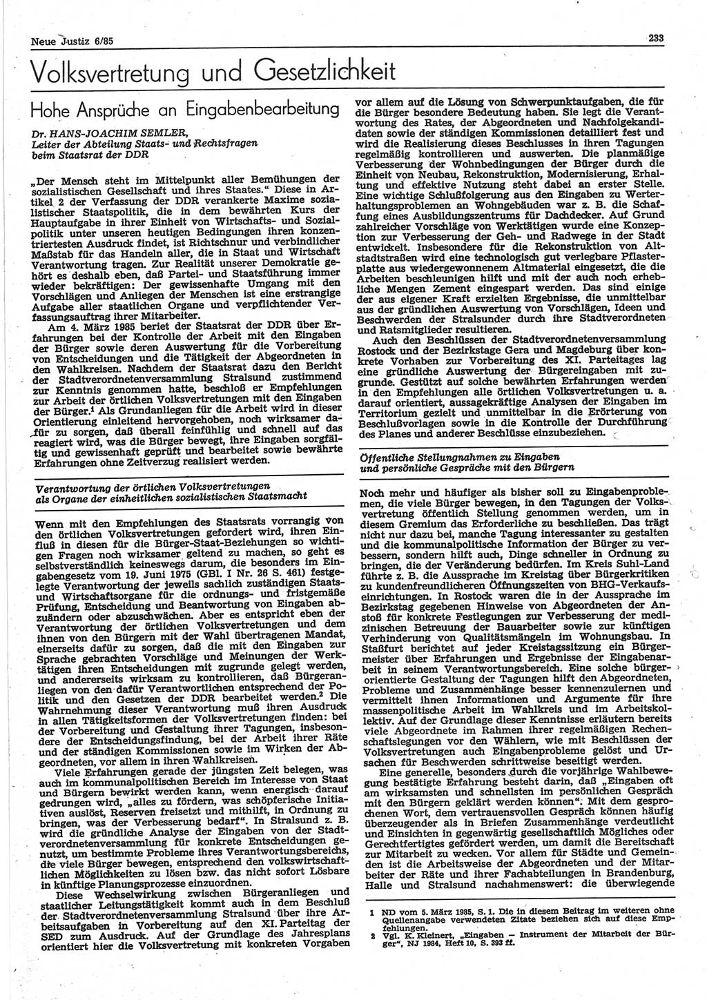 Neue Justiz (NJ), Zeitschrift für sozialistisches Recht und Gesetzlichkeit [Deutsche Demokratische Republik (DDR)], 39. Jahrgang 1985, Seite 233 (NJ DDR 1985, S. 233)