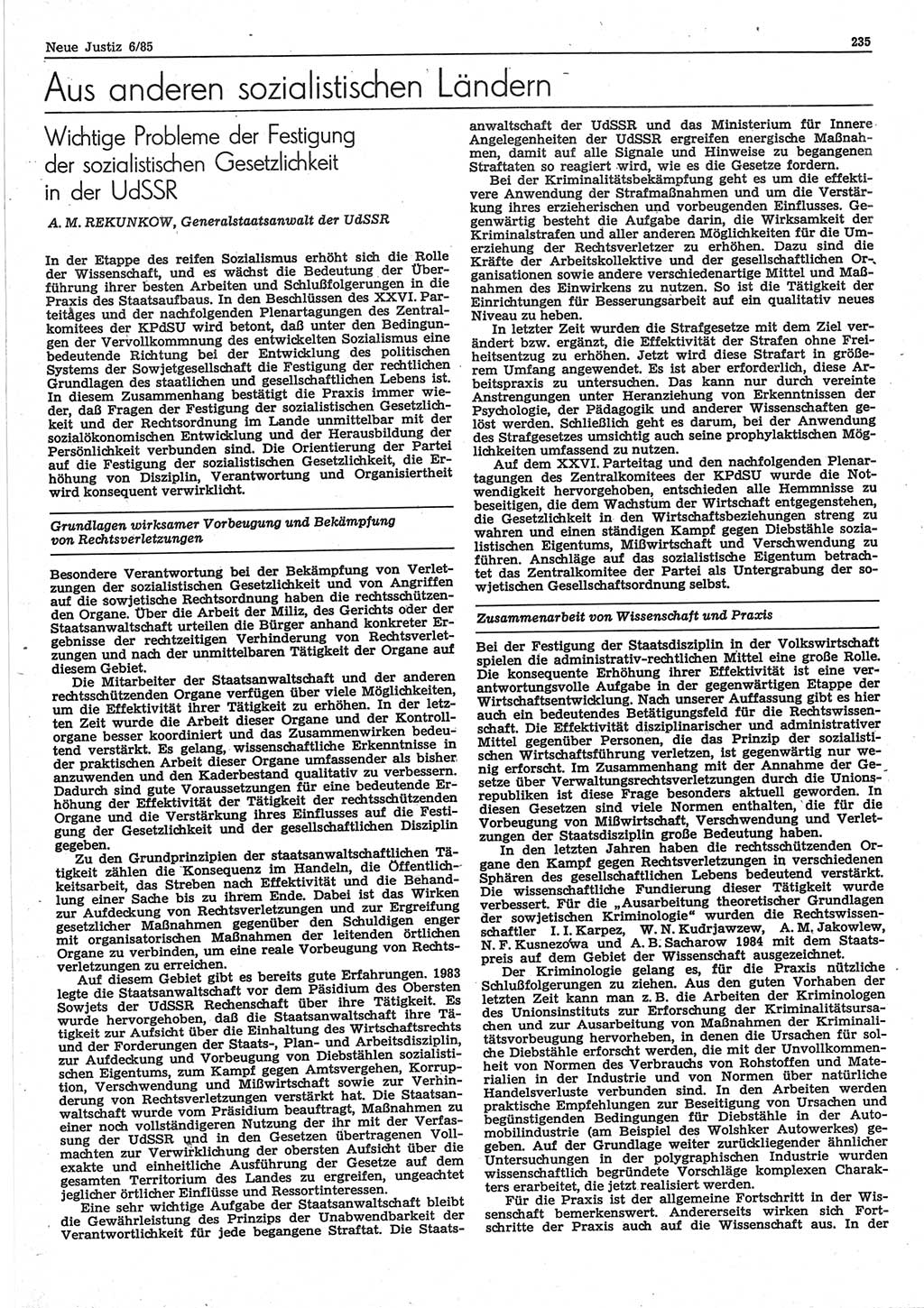 Neue Justiz (NJ), Zeitschrift für sozialistisches Recht und Gesetzlichkeit [Deutsche Demokratische Republik (DDR)], 39. Jahrgang 1985, Seite 235 (NJ DDR 1985, S. 235)