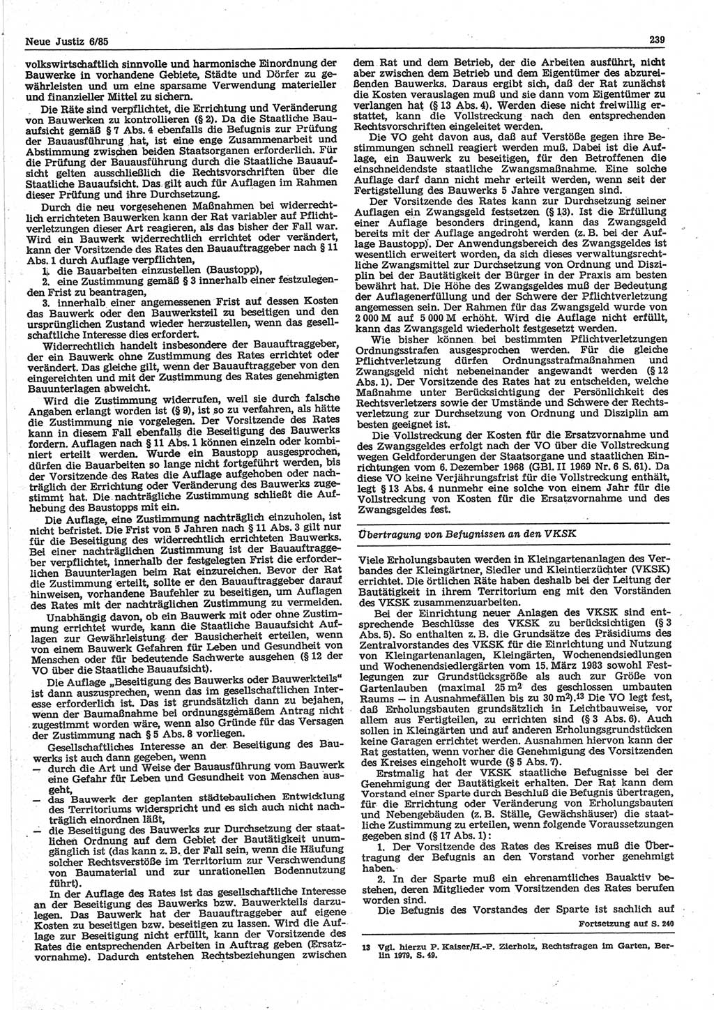 Neue Justiz (NJ), Zeitschrift für sozialistisches Recht und Gesetzlichkeit [Deutsche Demokratische Republik (DDR)], 39. Jahrgang 1985, Seite 239 (NJ DDR 1985, S. 239)