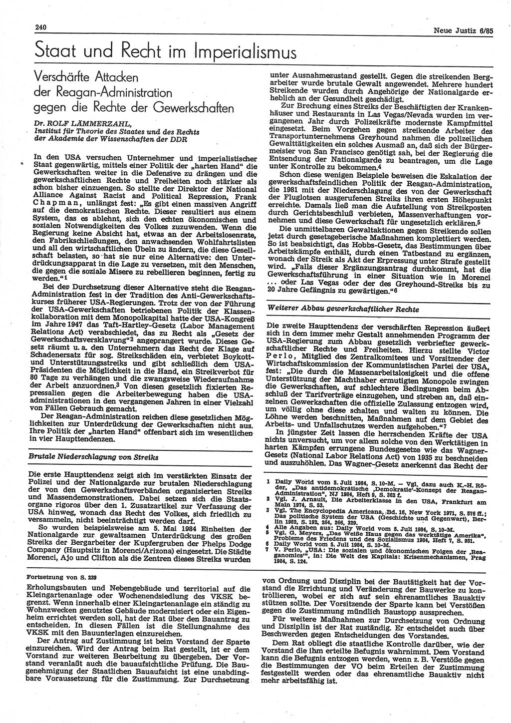 Neue Justiz (NJ), Zeitschrift für sozialistisches Recht und Gesetzlichkeit [Deutsche Demokratische Republik (DDR)], 39. Jahrgang 1985, Seite 240 (NJ DDR 1985, S. 240)