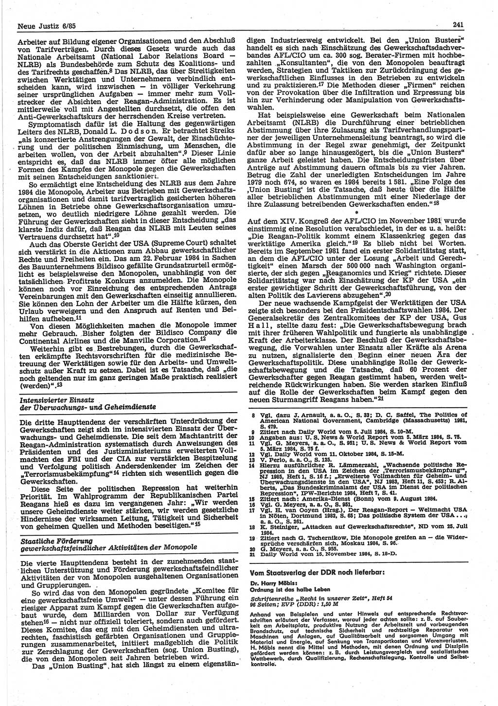 Neue Justiz (NJ), Zeitschrift für sozialistisches Recht und Gesetzlichkeit [Deutsche Demokratische Republik (DDR)], 39. Jahrgang 1985, Seite 241 (NJ DDR 1985, S. 241)
