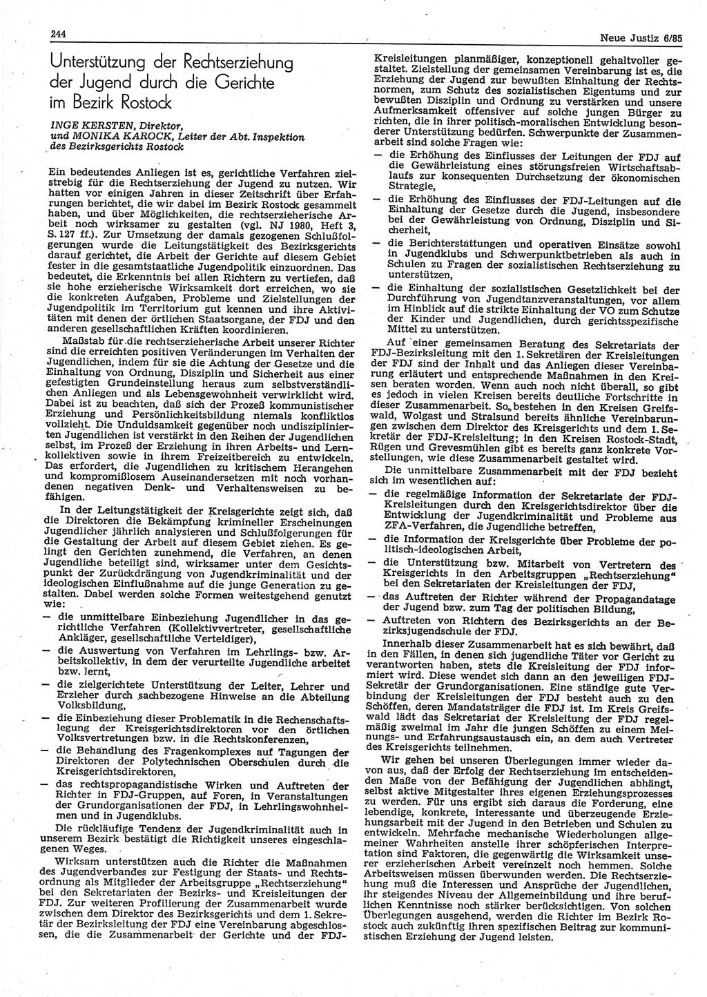 Neue Justiz (NJ), Zeitschrift für sozialistisches Recht und Gesetzlichkeit [Deutsche Demokratische Republik (DDR)], 39. Jahrgang 1985, Seite 244 (NJ DDR 1985, S. 244)