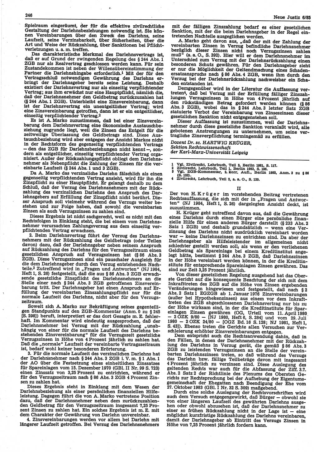 Neue Justiz (NJ), Zeitschrift für sozialistisches Recht und Gesetzlichkeit [Deutsche Demokratische Republik (DDR)], 39. Jahrgang 1985, Seite 246 (NJ DDR 1985, S. 246)