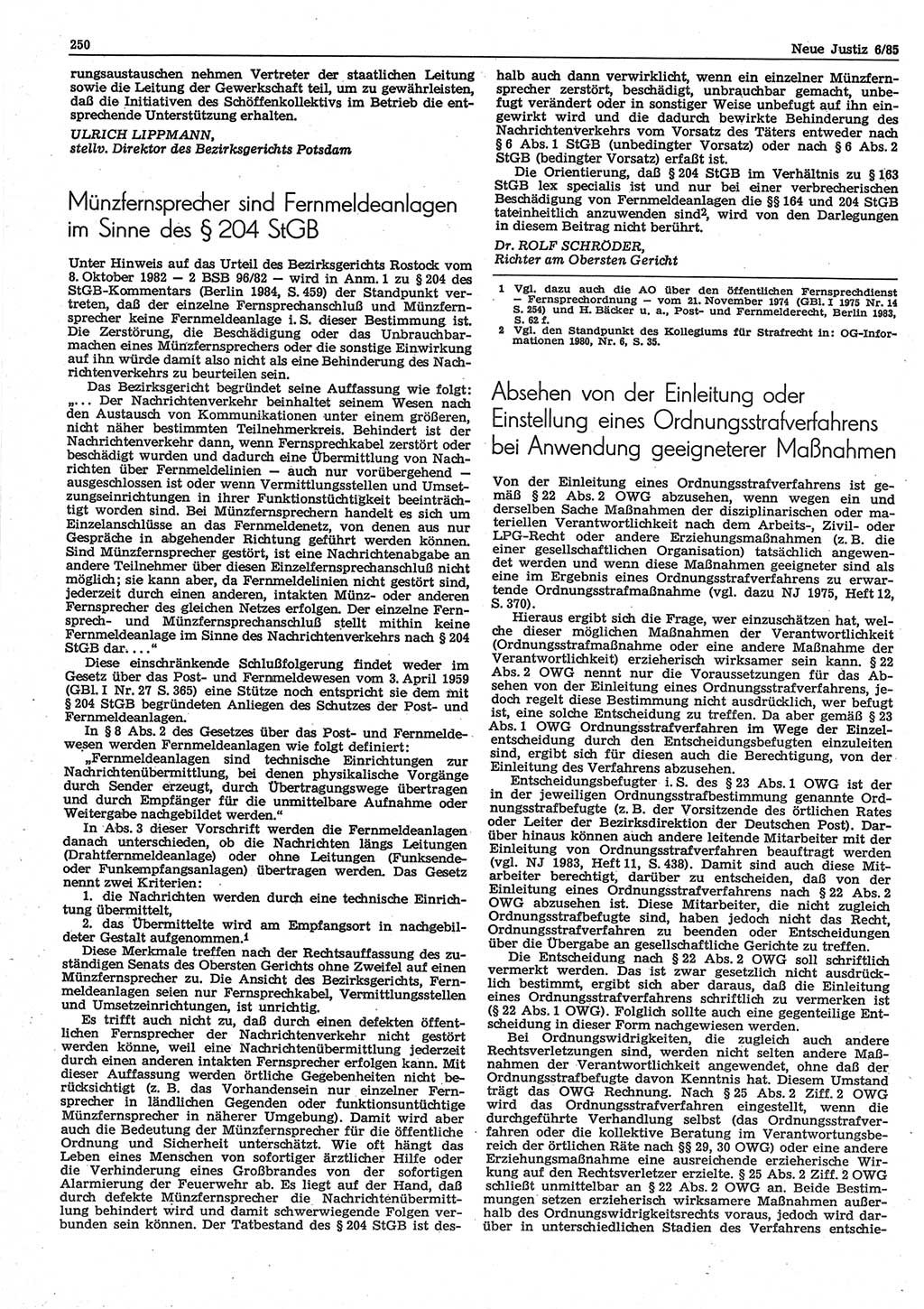 Neue Justiz (NJ), Zeitschrift für sozialistisches Recht und Gesetzlichkeit [Deutsche Demokratische Republik (DDR)], 39. Jahrgang 1985, Seite 250 (NJ DDR 1985, S. 250)