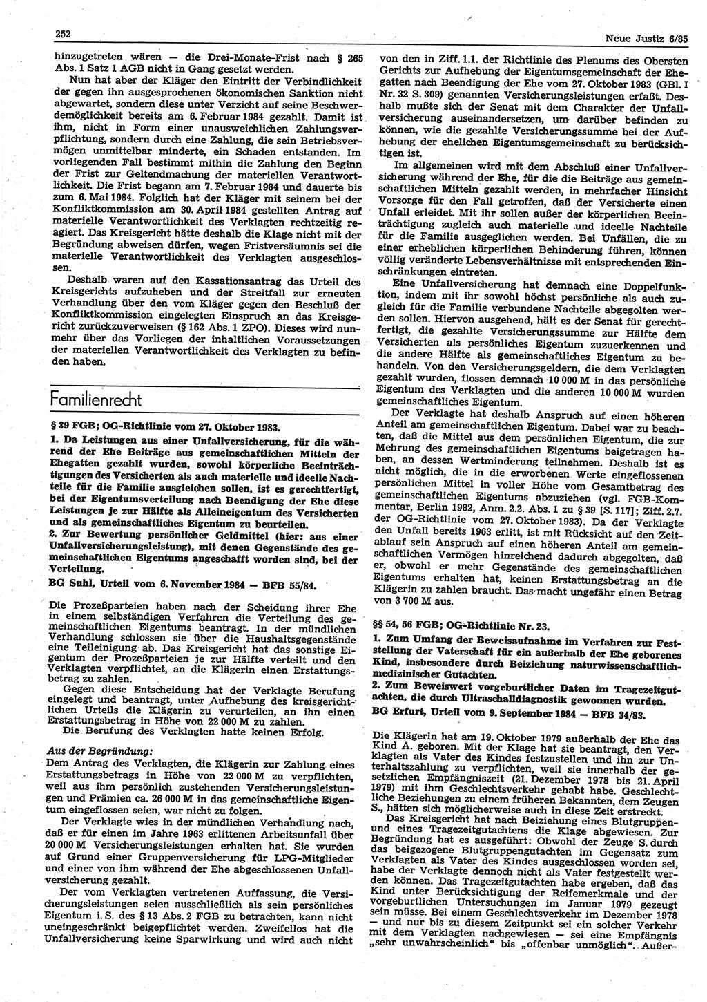 Neue Justiz (NJ), Zeitschrift für sozialistisches Recht und Gesetzlichkeit [Deutsche Demokratische Republik (DDR)], 39. Jahrgang 1985, Seite 252 (NJ DDR 1985, S. 252)