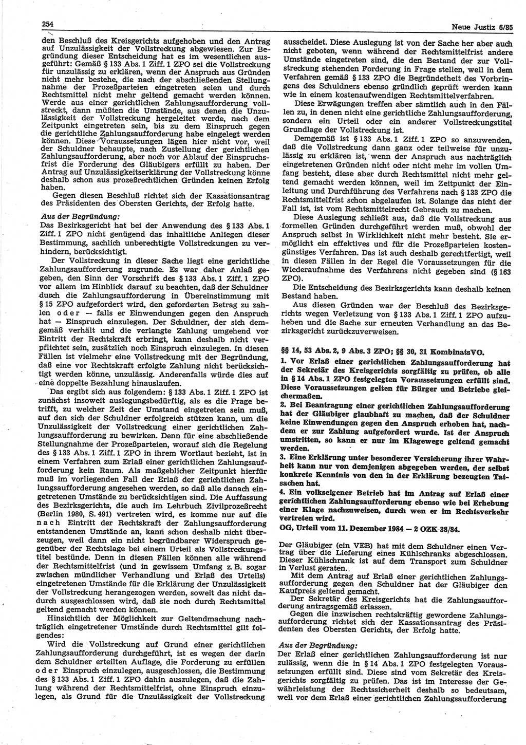 Neue Justiz (NJ), Zeitschrift für sozialistisches Recht und Gesetzlichkeit [Deutsche Demokratische Republik (DDR)], 39. Jahrgang 1985, Seite 254 (NJ DDR 1985, S. 254)