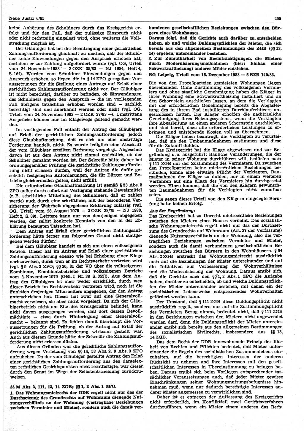 Neue Justiz (NJ), Zeitschrift für sozialistisches Recht und Gesetzlichkeit [Deutsche Demokratische Republik (DDR)], 39. Jahrgang 1985, Seite 255 (NJ DDR 1985, S. 255)