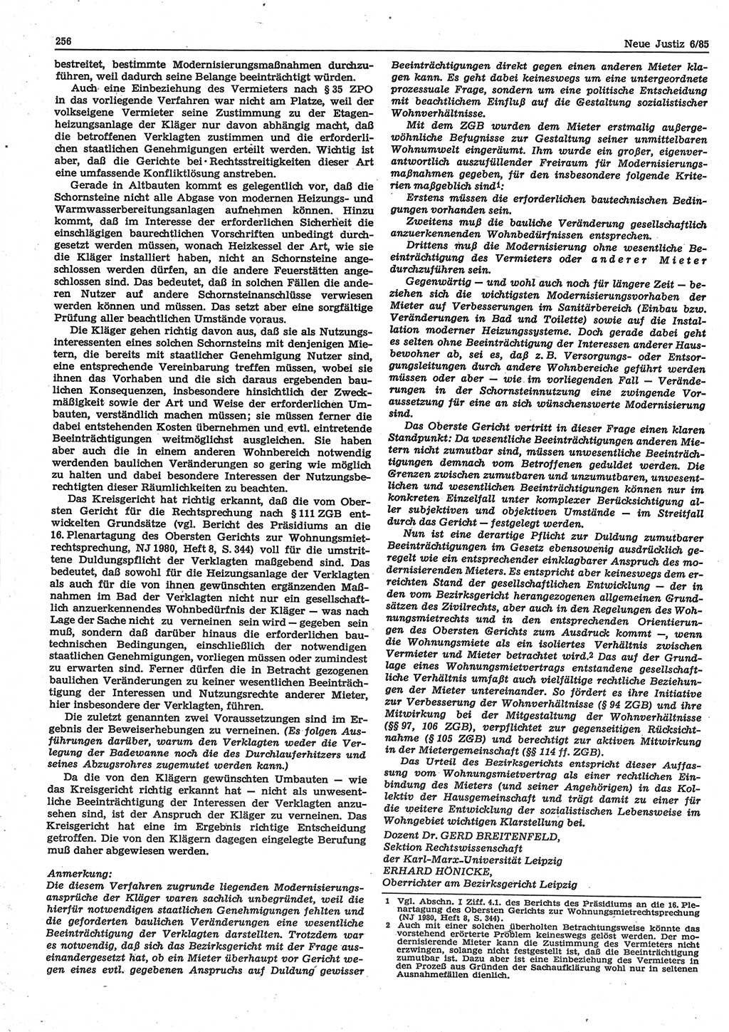 Neue Justiz (NJ), Zeitschrift für sozialistisches Recht und Gesetzlichkeit [Deutsche Demokratische Republik (DDR)], 39. Jahrgang 1985, Seite 256 (NJ DDR 1985, S. 256)