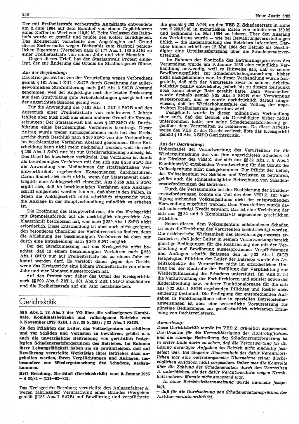 Neue Justiz (NJ), Zeitschrift für sozialistisches Recht und Gesetzlichkeit [Deutsche Demokratische Republik (DDR)], 39. Jahrgang 1985, Seite 258 (NJ DDR 1985, S. 258)