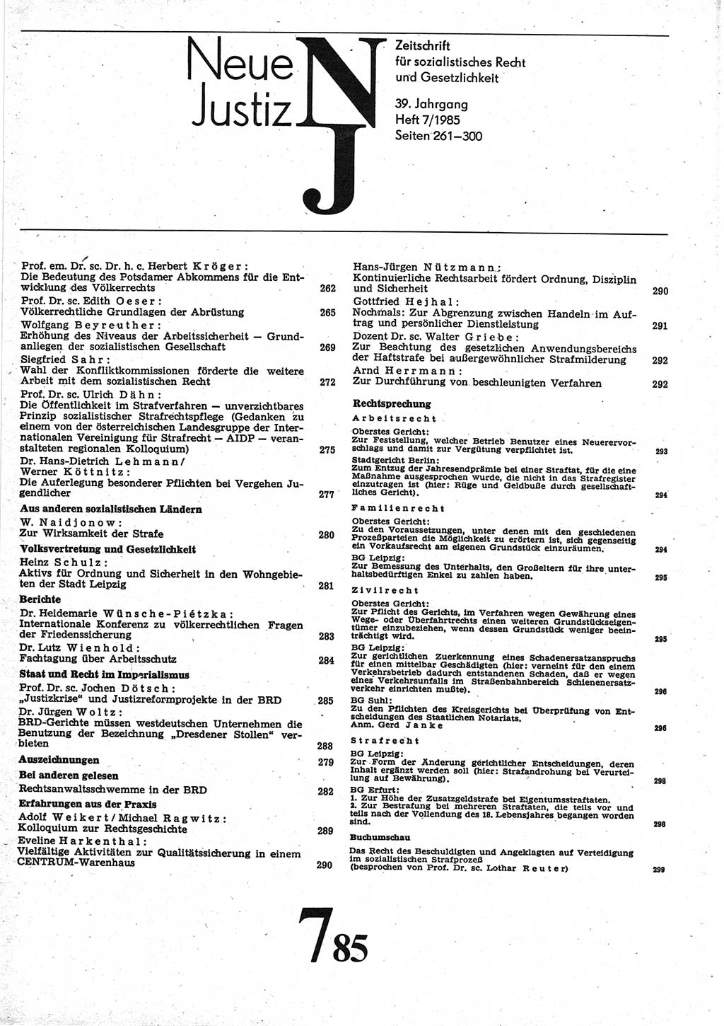 Neue Justiz (NJ), Zeitschrift für sozialistisches Recht und Gesetzlichkeit [Deutsche Demokratische Republik (DDR)], 39. Jahrgang 1985, Seite 261 (NJ DDR 1985, S. 261)
