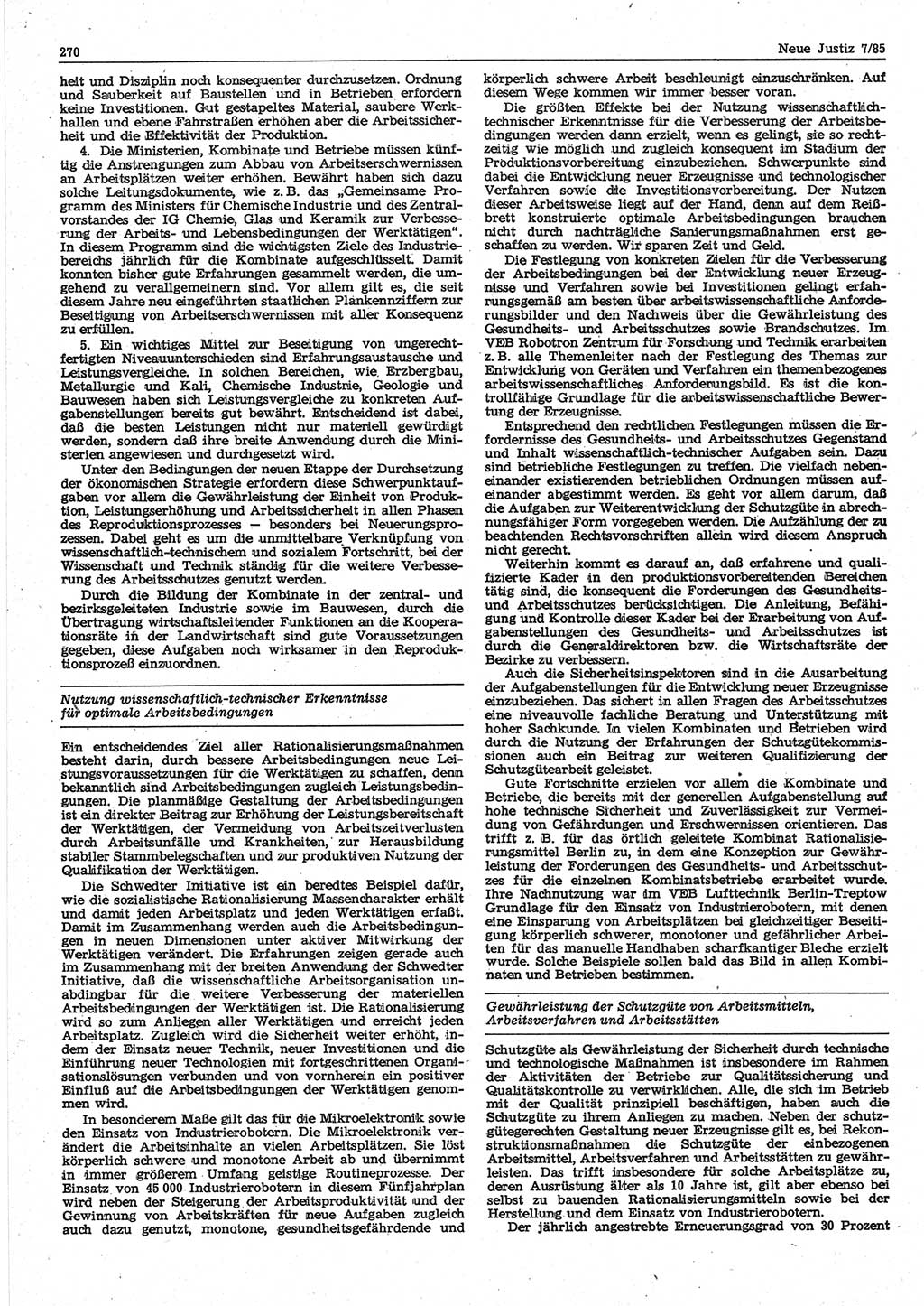Neue Justiz (NJ), Zeitschrift für sozialistisches Recht und Gesetzlichkeit [Deutsche Demokratische Republik (DDR)], 39. Jahrgang 1985, Seite 270 (NJ DDR 1985, S. 270)