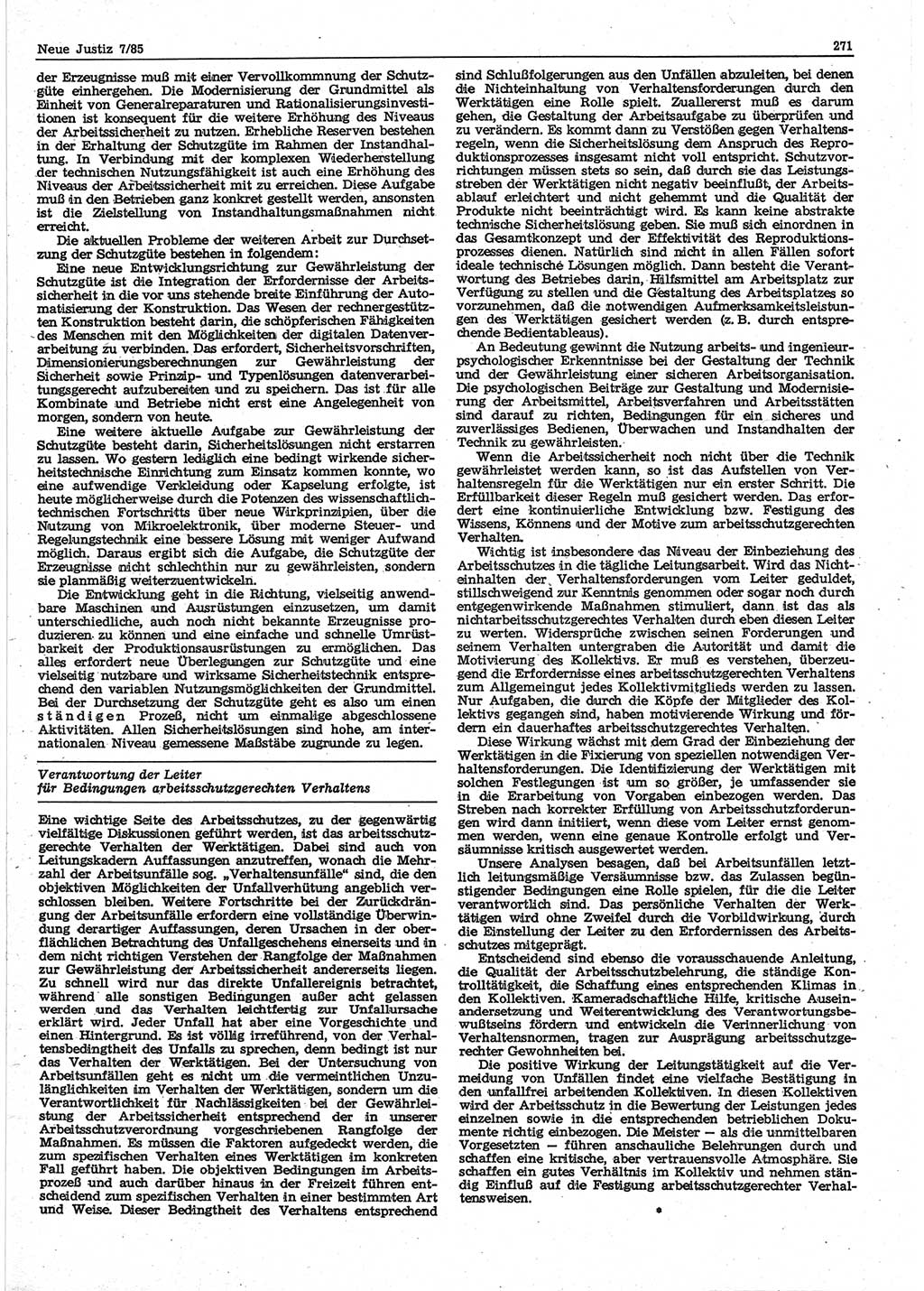 Neue Justiz (NJ), Zeitschrift für sozialistisches Recht und Gesetzlichkeit [Deutsche Demokratische Republik (DDR)], 39. Jahrgang 1985, Seite 271 (NJ DDR 1985, S. 271)