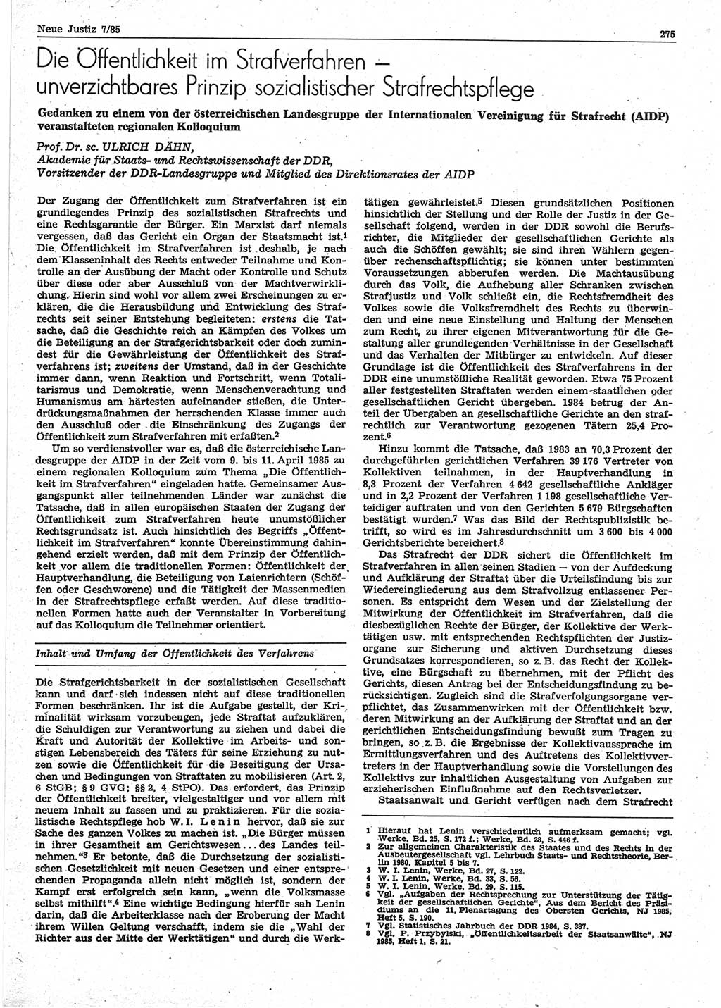 Neue Justiz (NJ), Zeitschrift für sozialistisches Recht und Gesetzlichkeit [Deutsche Demokratische Republik (DDR)], 39. Jahrgang 1985, Seite 275 (NJ DDR 1985, S. 275)