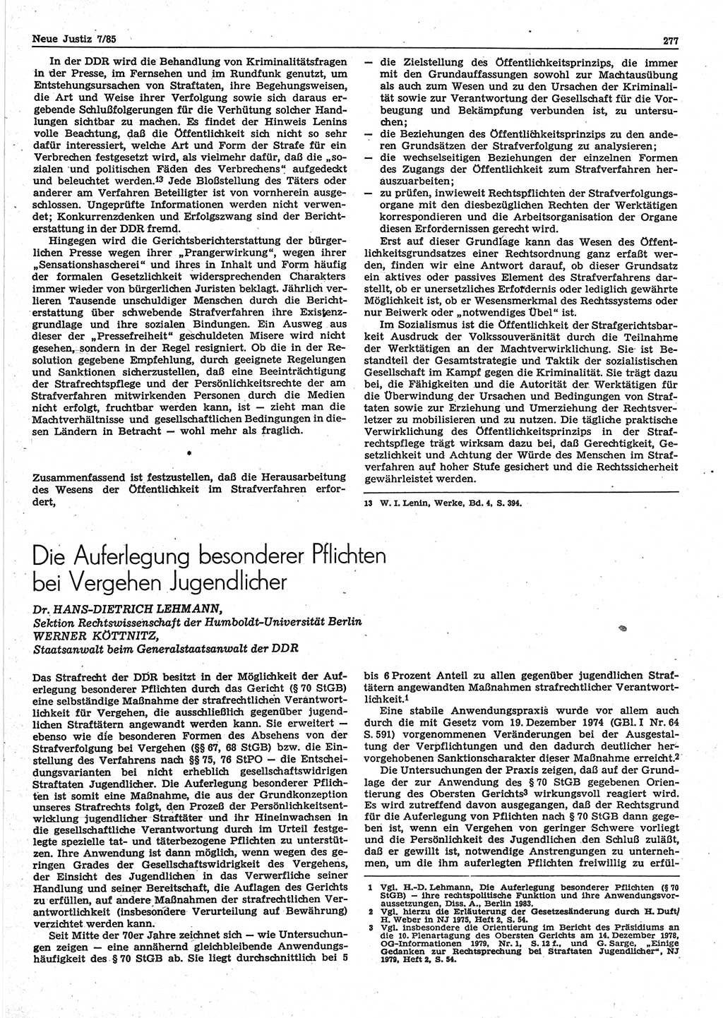 Neue Justiz (NJ), Zeitschrift für sozialistisches Recht und Gesetzlichkeit [Deutsche Demokratische Republik (DDR)], 39. Jahrgang 1985, Seite 277 (NJ DDR 1985, S. 277)