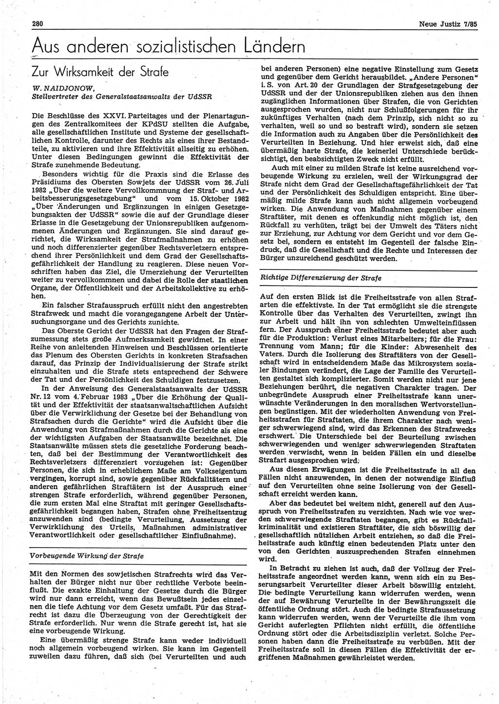 Neue Justiz (NJ), Zeitschrift für sozialistisches Recht und Gesetzlichkeit [Deutsche Demokratische Republik (DDR)], 39. Jahrgang 1985, Seite 280 (NJ DDR 1985, S. 280)