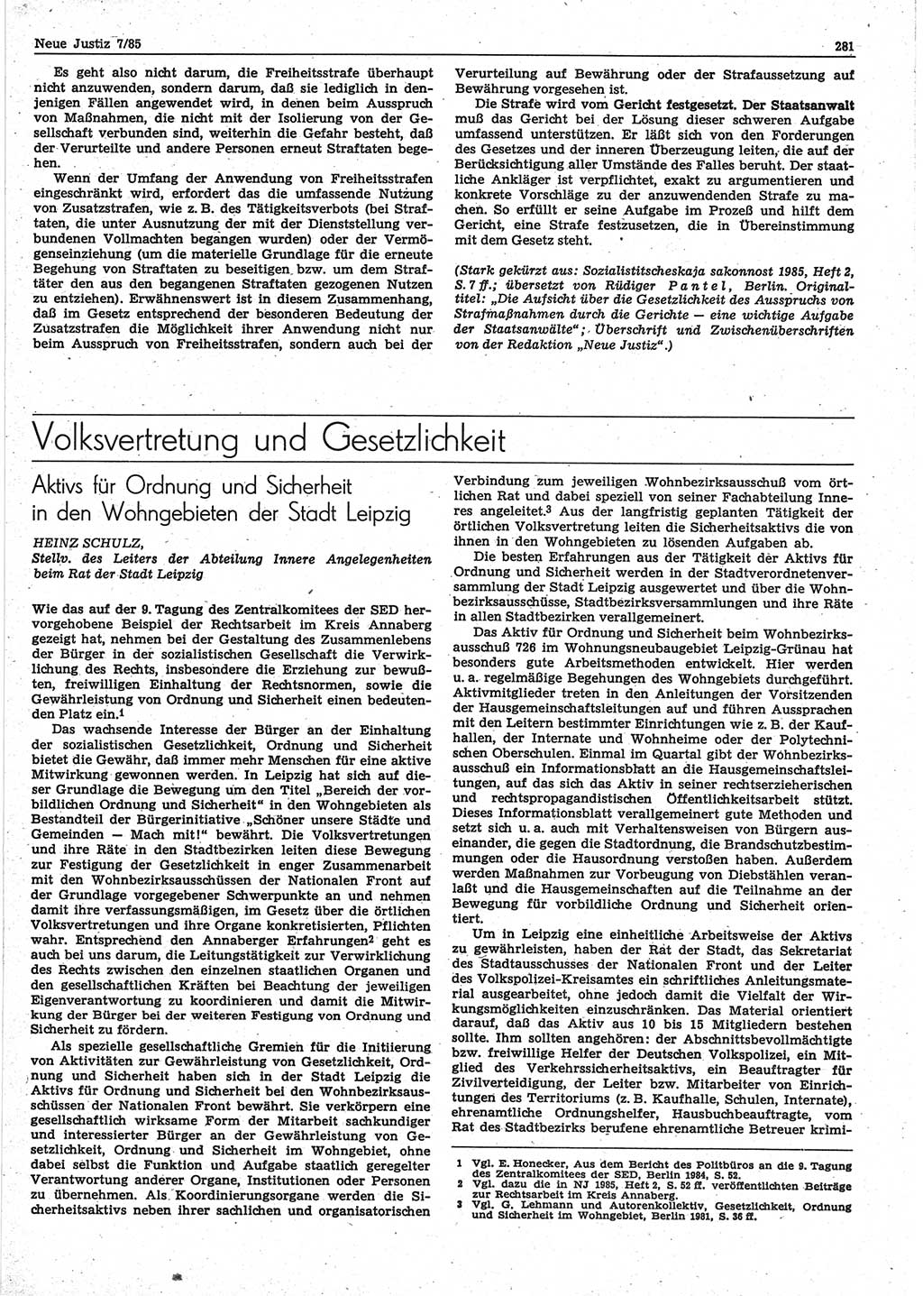 Neue Justiz (NJ), Zeitschrift für sozialistisches Recht und Gesetzlichkeit [Deutsche Demokratische Republik (DDR)], 39. Jahrgang 1985, Seite 281 (NJ DDR 1985, S. 281)