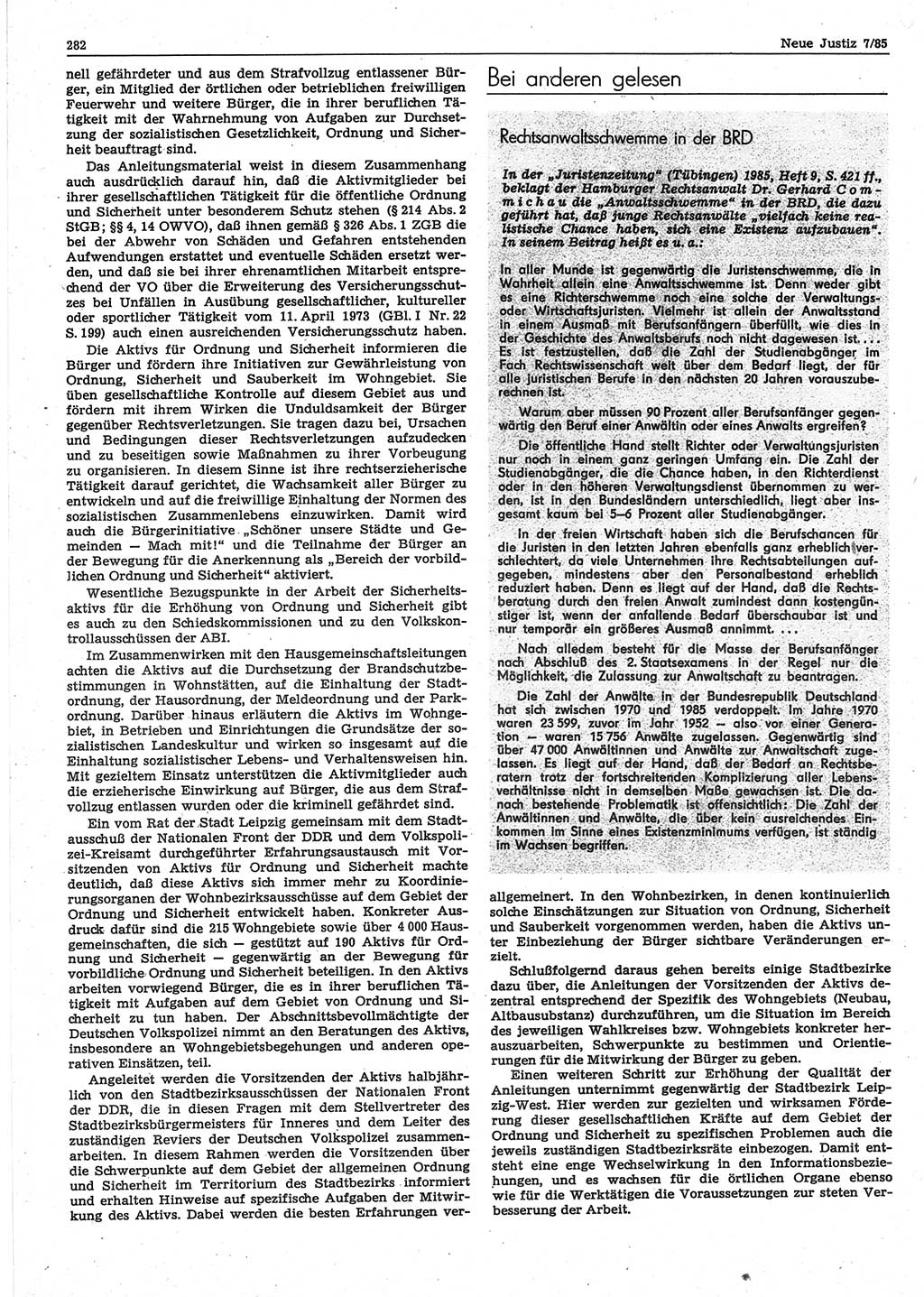 Neue Justiz (NJ), Zeitschrift für sozialistisches Recht und Gesetzlichkeit [Deutsche Demokratische Republik (DDR)], 39. Jahrgang 1985, Seite 282 (NJ DDR 1985, S. 282)