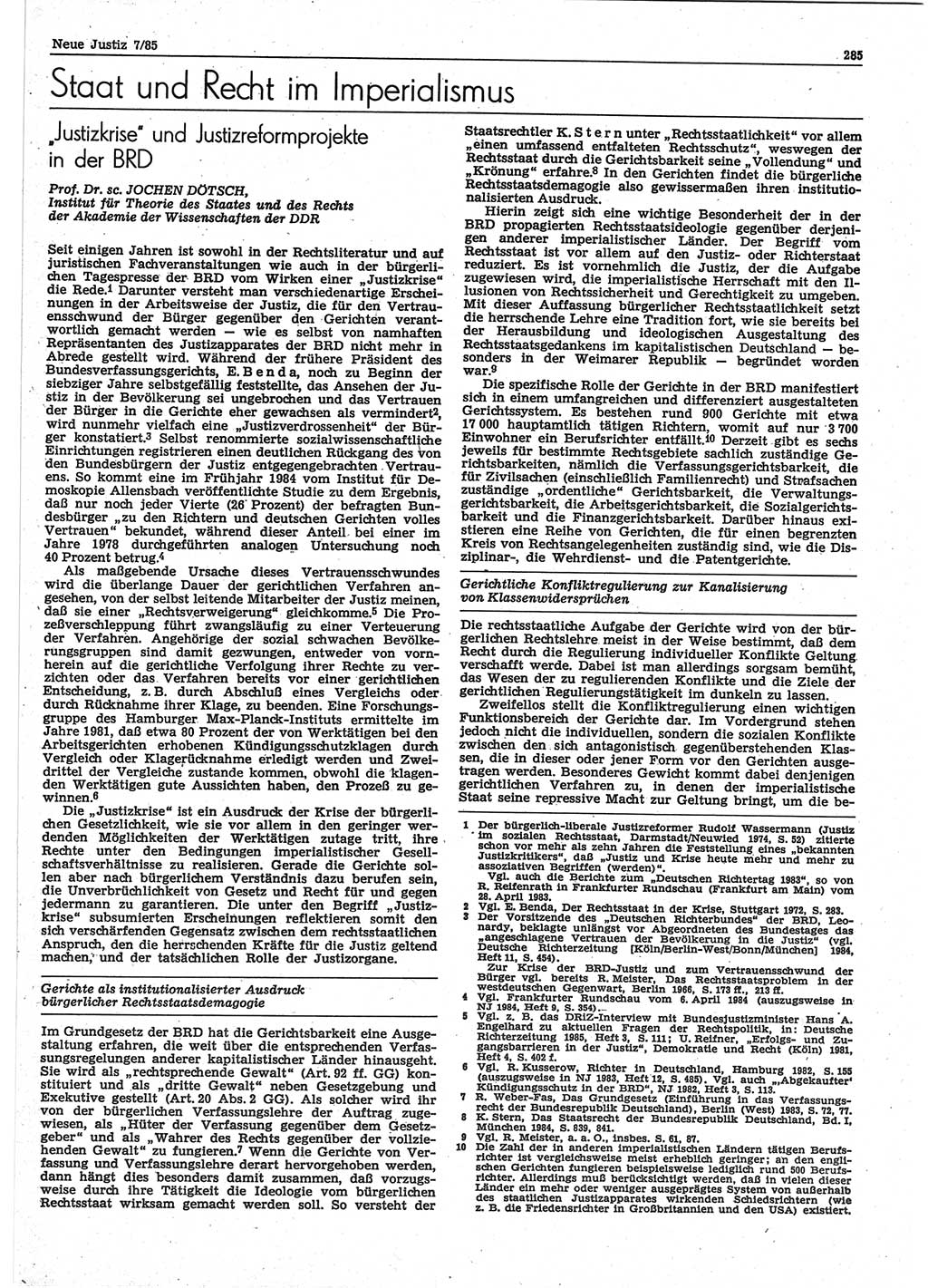 Neue Justiz (NJ), Zeitschrift für sozialistisches Recht und Gesetzlichkeit [Deutsche Demokratische Republik (DDR)], 39. Jahrgang 1985, Seite 285 (NJ DDR 1985, S. 285)