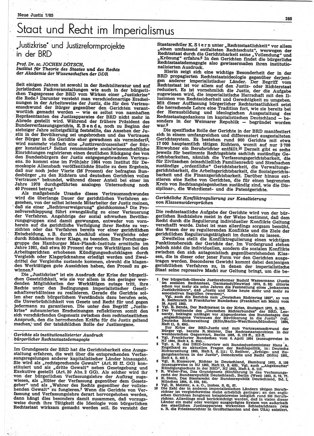Neue Justiz (NJ), Zeitschrift für sozialistisches Recht und Gesetzlichkeit [Deutsche Demokratische Republik (DDR)], 39. Jahrgang 1985, Seite 285 (NJ DDR 1985, S. 285)