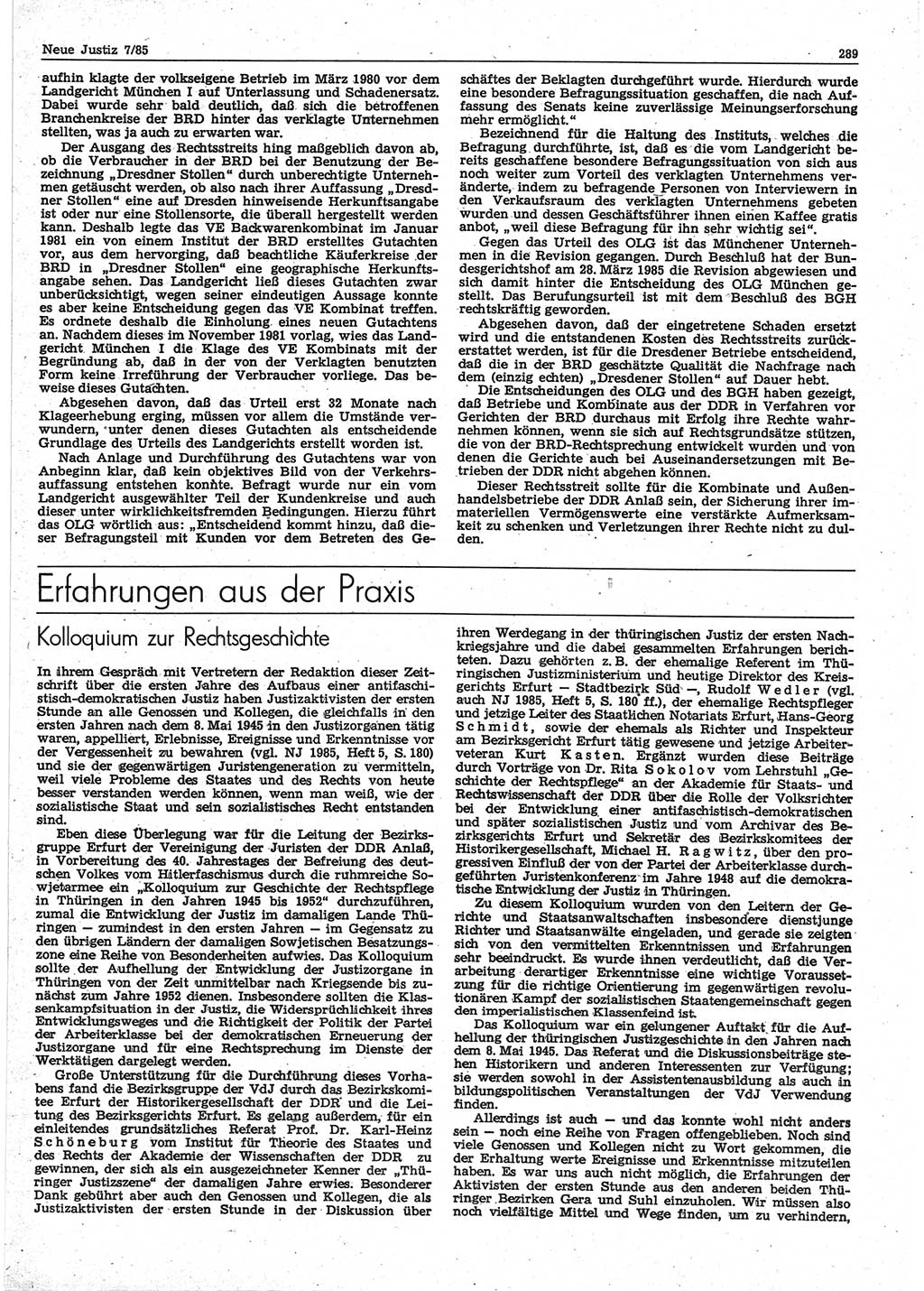 Neue Justiz (NJ), Zeitschrift für sozialistisches Recht und Gesetzlichkeit [Deutsche Demokratische Republik (DDR)], 39. Jahrgang 1985, Seite 289 (NJ DDR 1985, S. 289)
