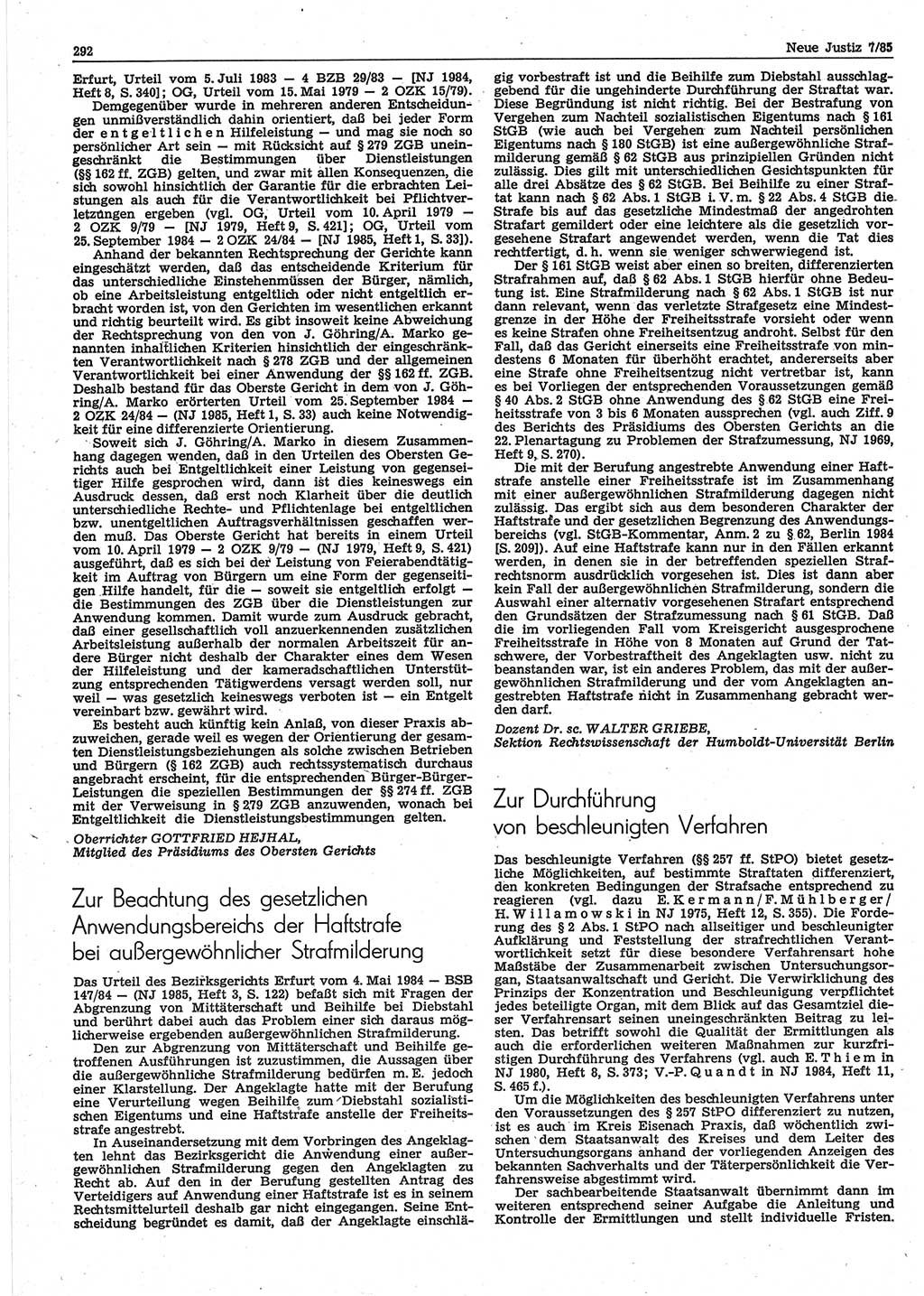Neue Justiz (NJ), Zeitschrift für sozialistisches Recht und Gesetzlichkeit [Deutsche Demokratische Republik (DDR)], 39. Jahrgang 1985, Seite 292 (NJ DDR 1985, S. 292)